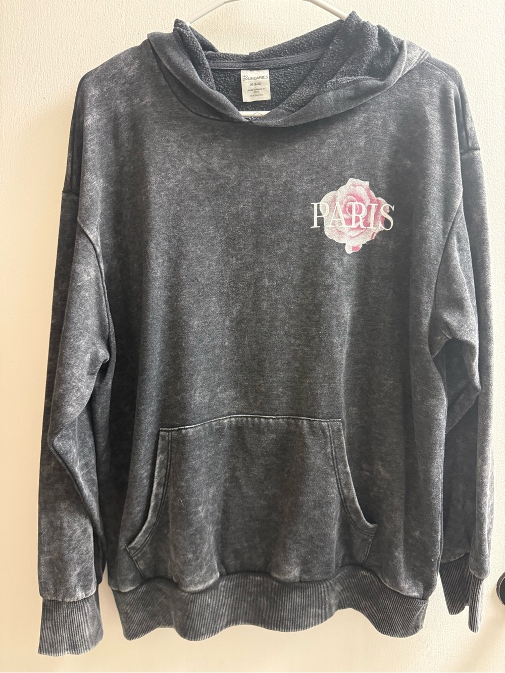 No Boundaries Charcoal Crewneck Sweater with Pink Rose "PARIS" Graphic
